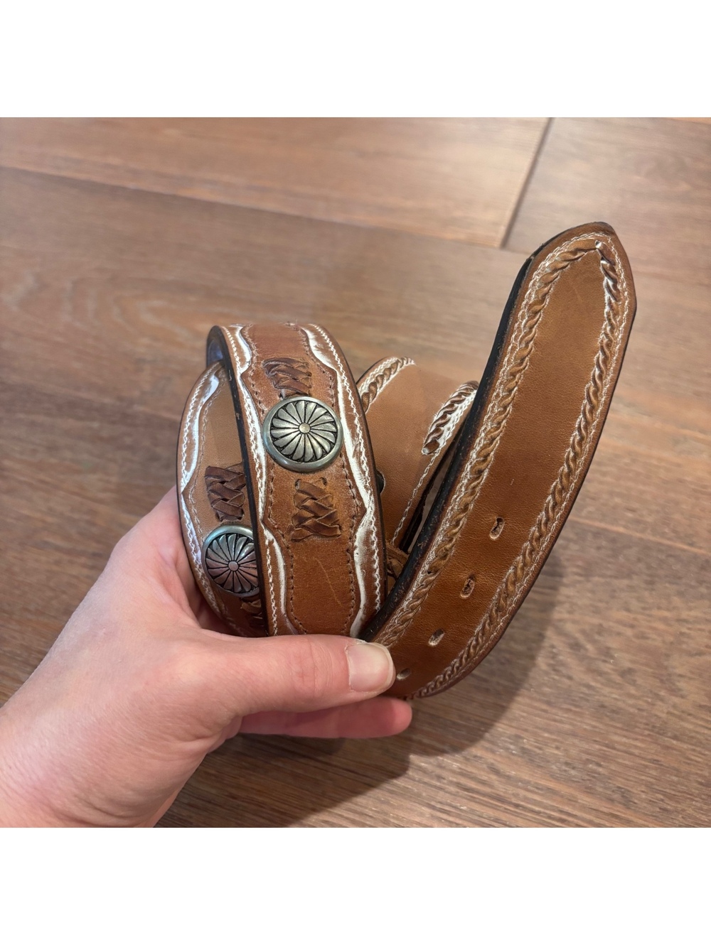 Western Brown Leather Belt with Lace Detail and Silver Conchos, Size 41